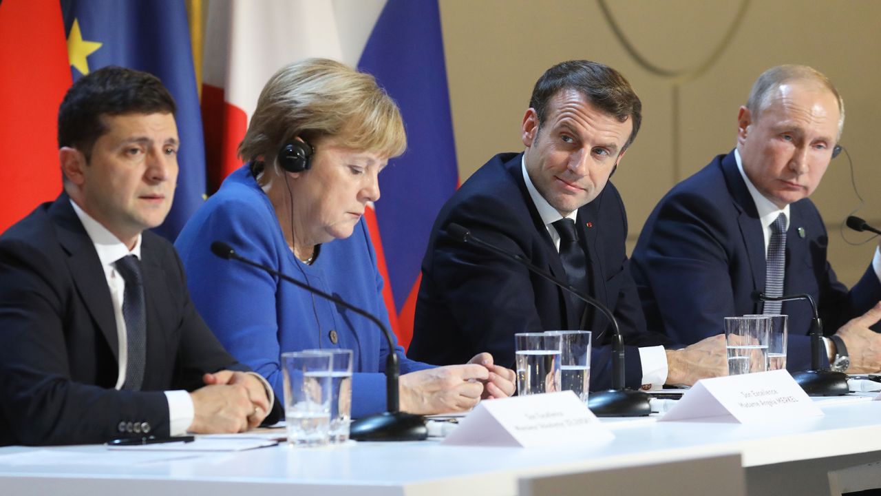 From left to right: Zelensky, Merkel, Macron and Putin
